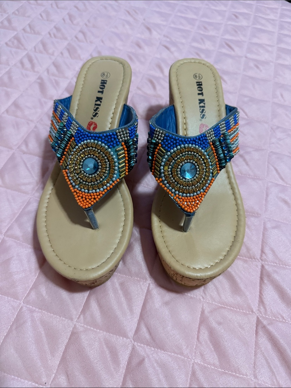 Hot Kiss Blue & Orange Beaded Thong Wedge Sandals